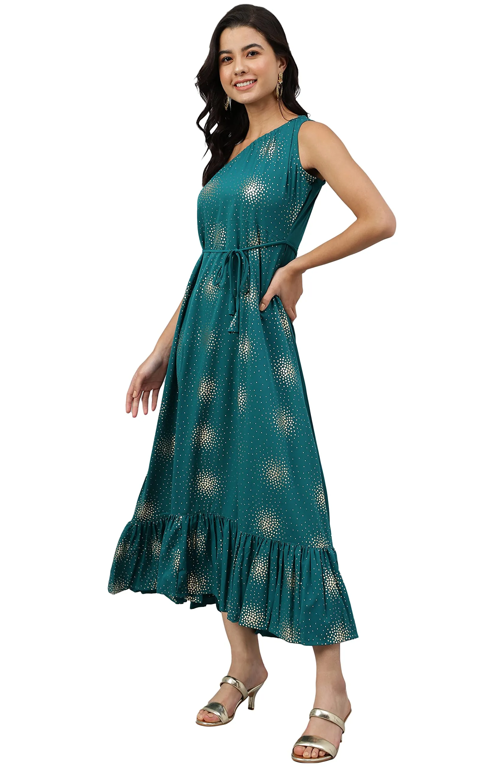 Janasya Women's Teal Green Poly Crepe Printed Flared Kurta