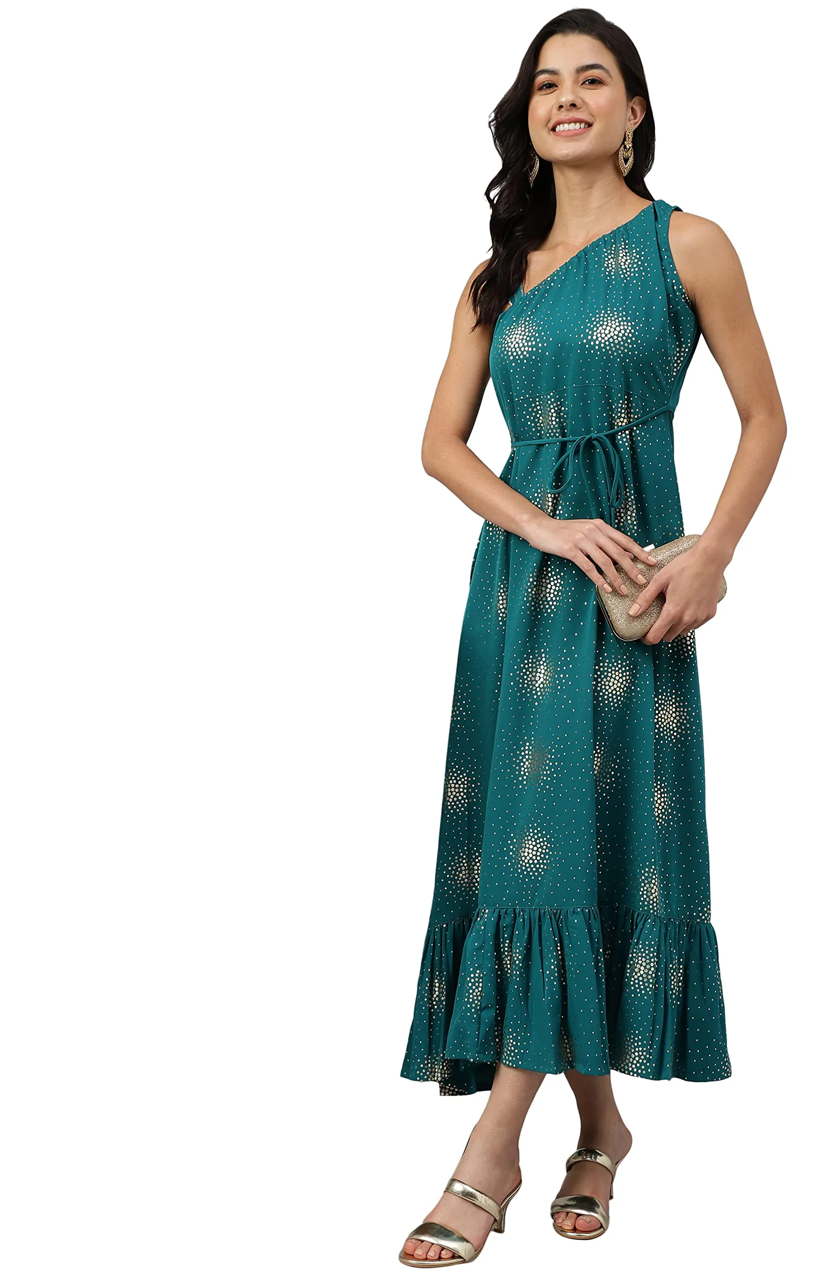 Janasya Women's Teal Green Poly Crepe Printed Flared Kurta