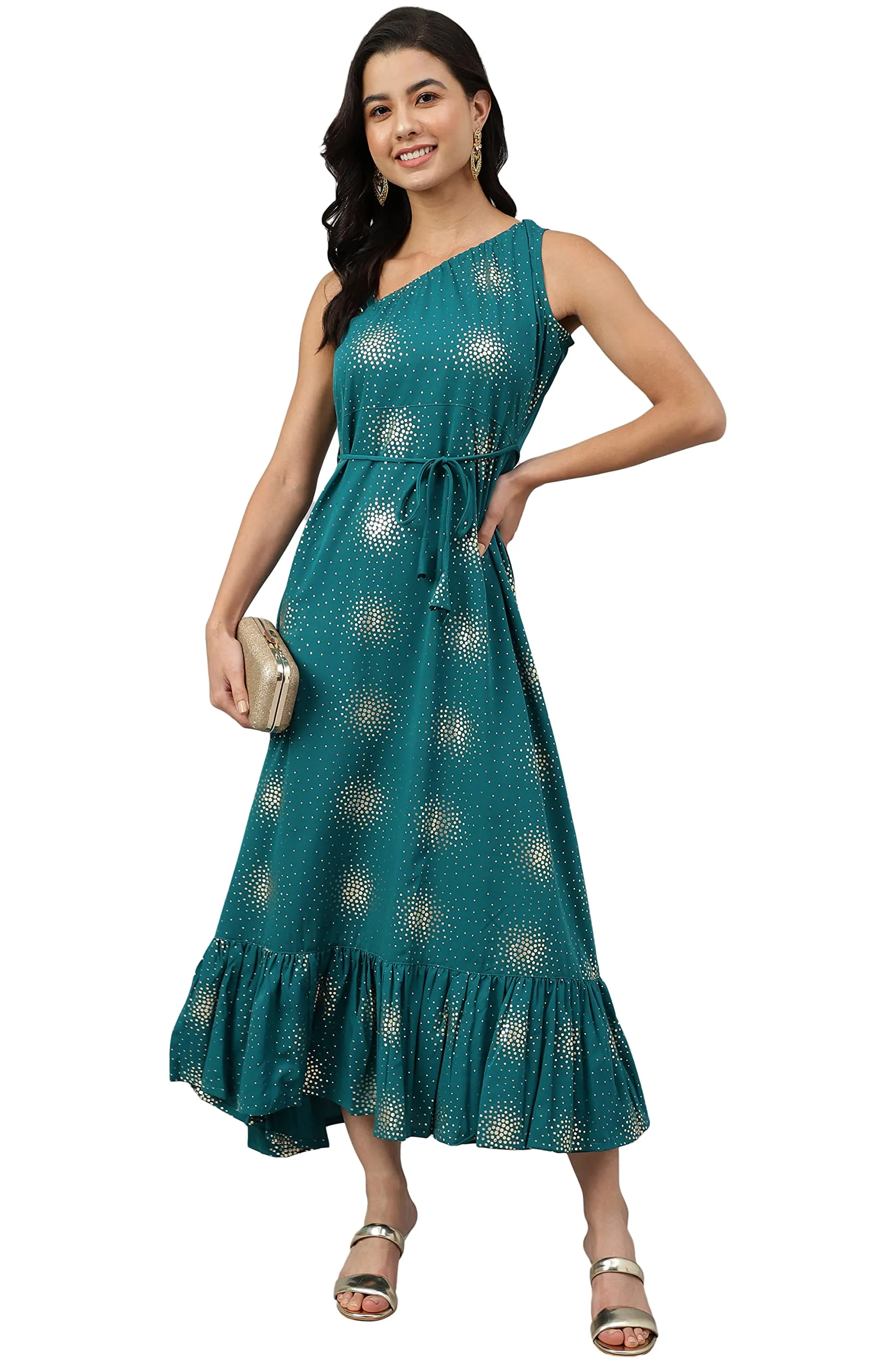 Janasya Women's Teal Green Poly Crepe Printed Flared Kurta