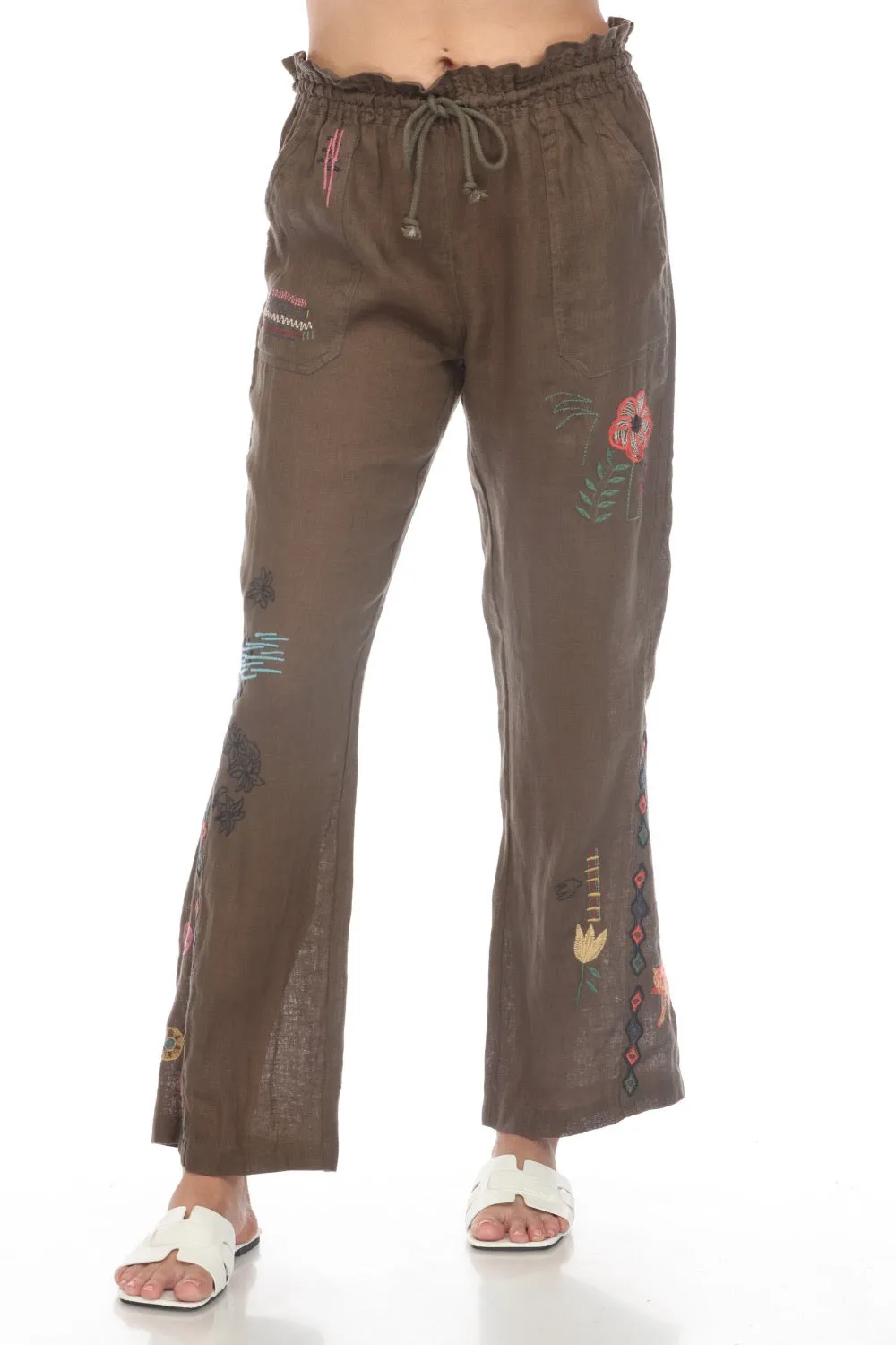 Johnny Was Biya Simmie Linen Embroidered Drawstring Pull On Pants Boho Chic B67524