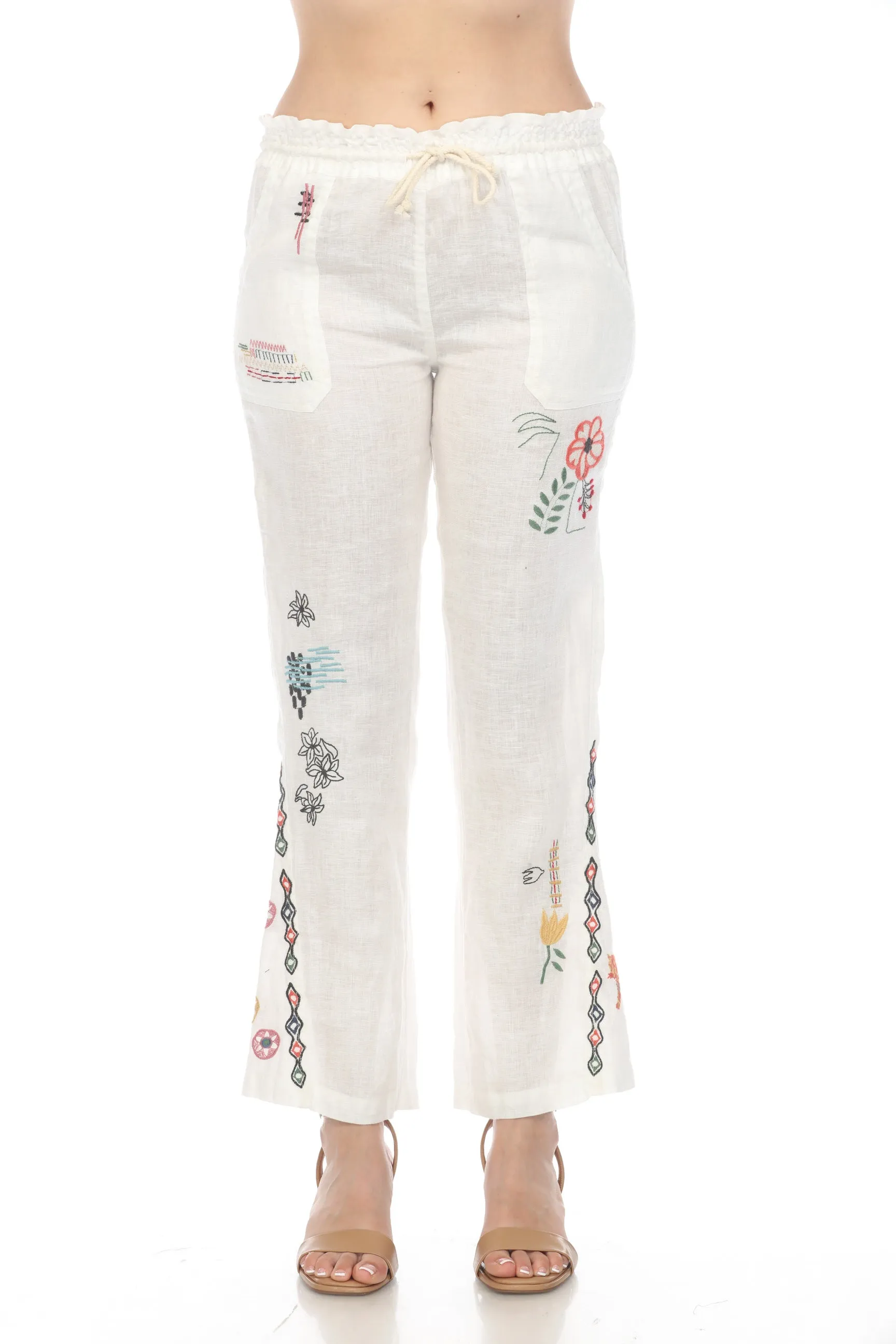 Johnny Was Biya Simmie Linen Embroidered Drawstring Pull On Pants Boho Chic B67524