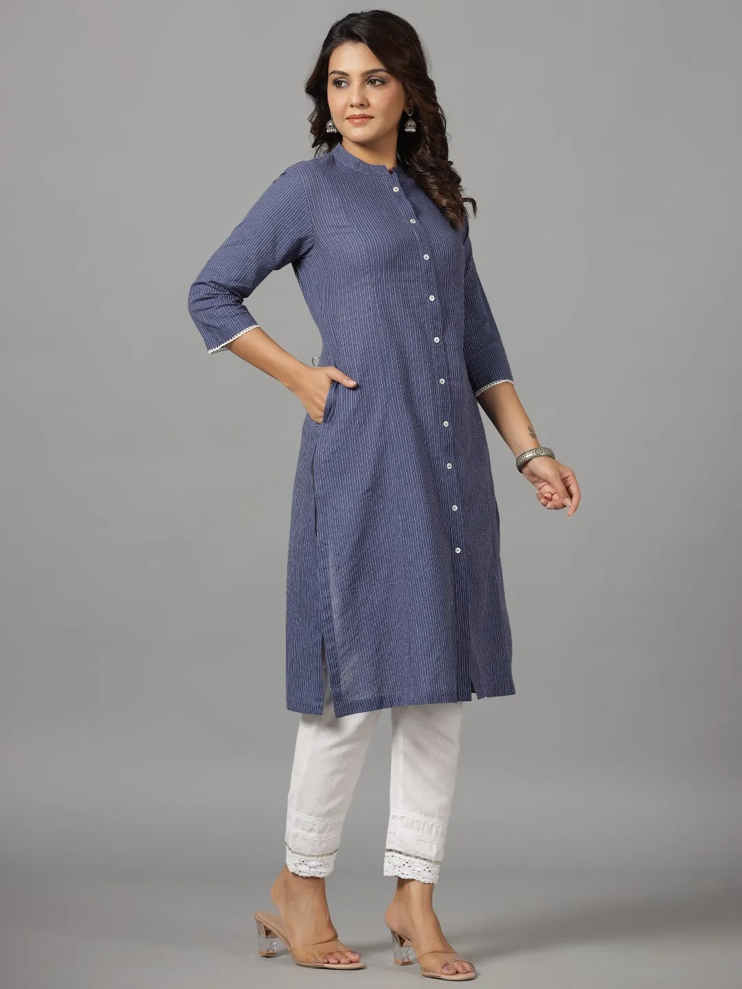 Juniper Navy Blue Stripped Cotton Dobby Kurta With Quarter-Sleeved Inner Layer