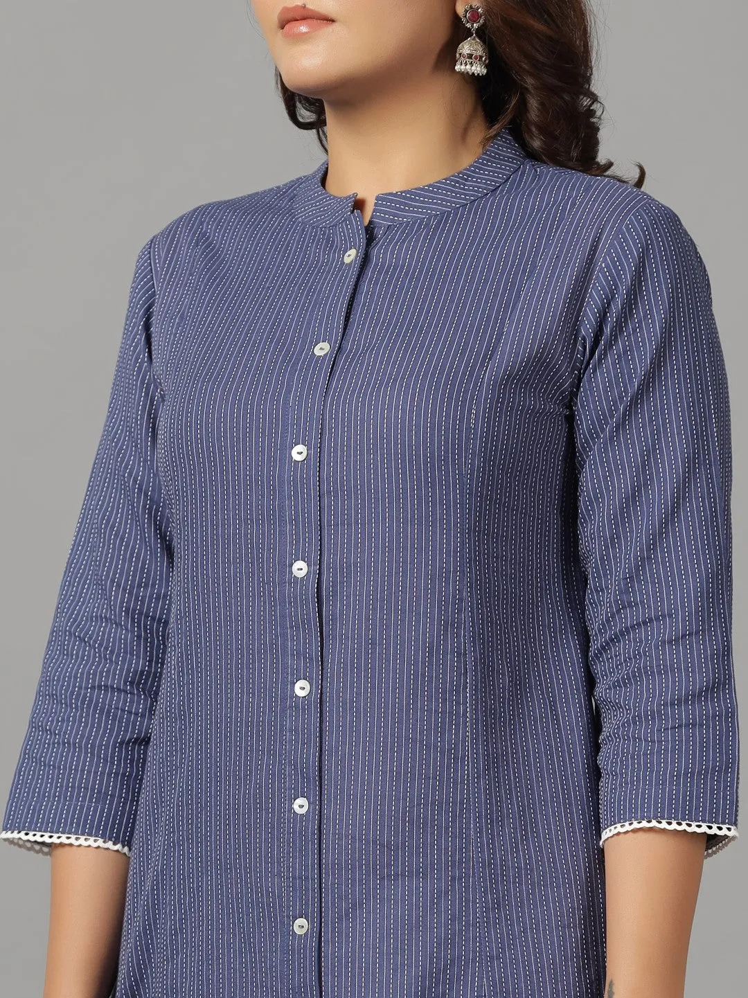 Juniper Navy Blue Stripped Cotton Dobby Kurta With Quarter-Sleeved Inner Layer