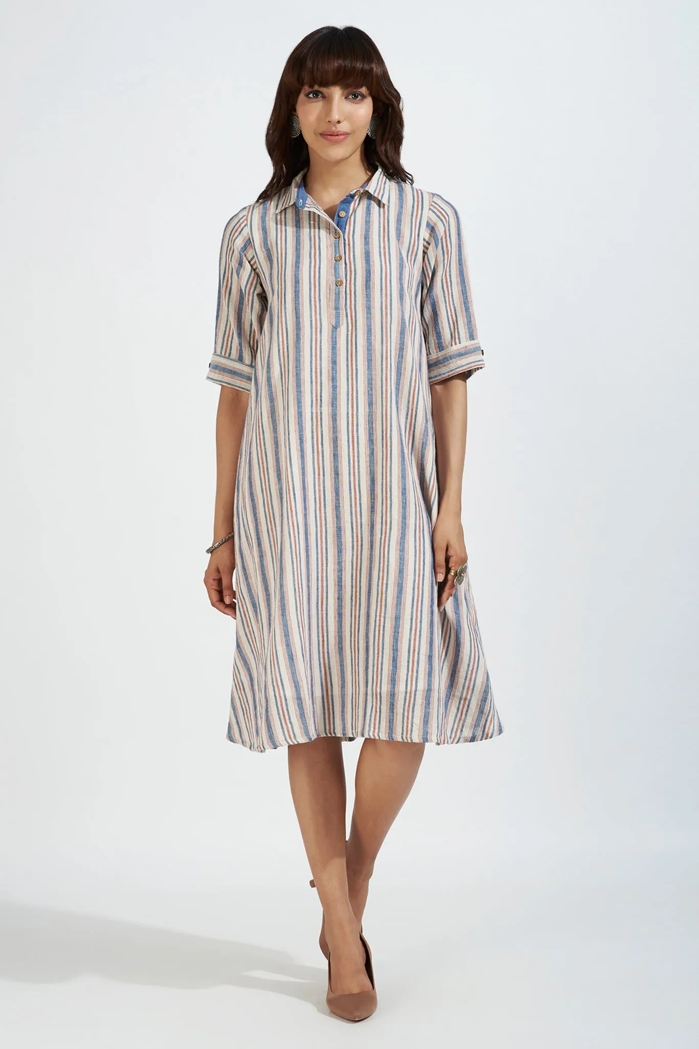 kala cotton contemporary collar swing dress - indigo blaze & striped symphony