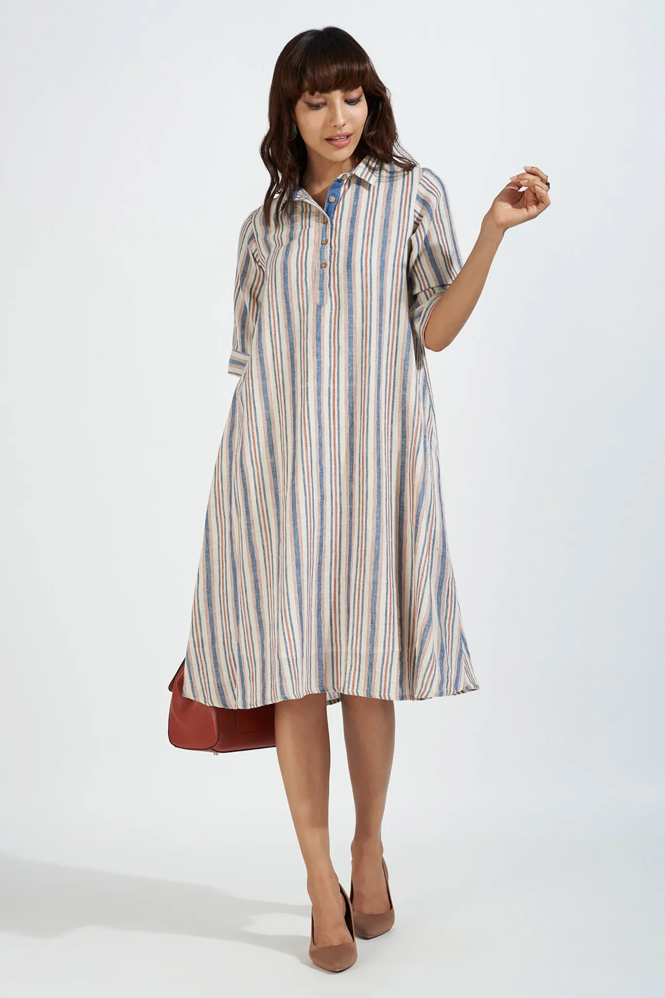 kala cotton contemporary collar swing dress - indigo blaze & striped symphony