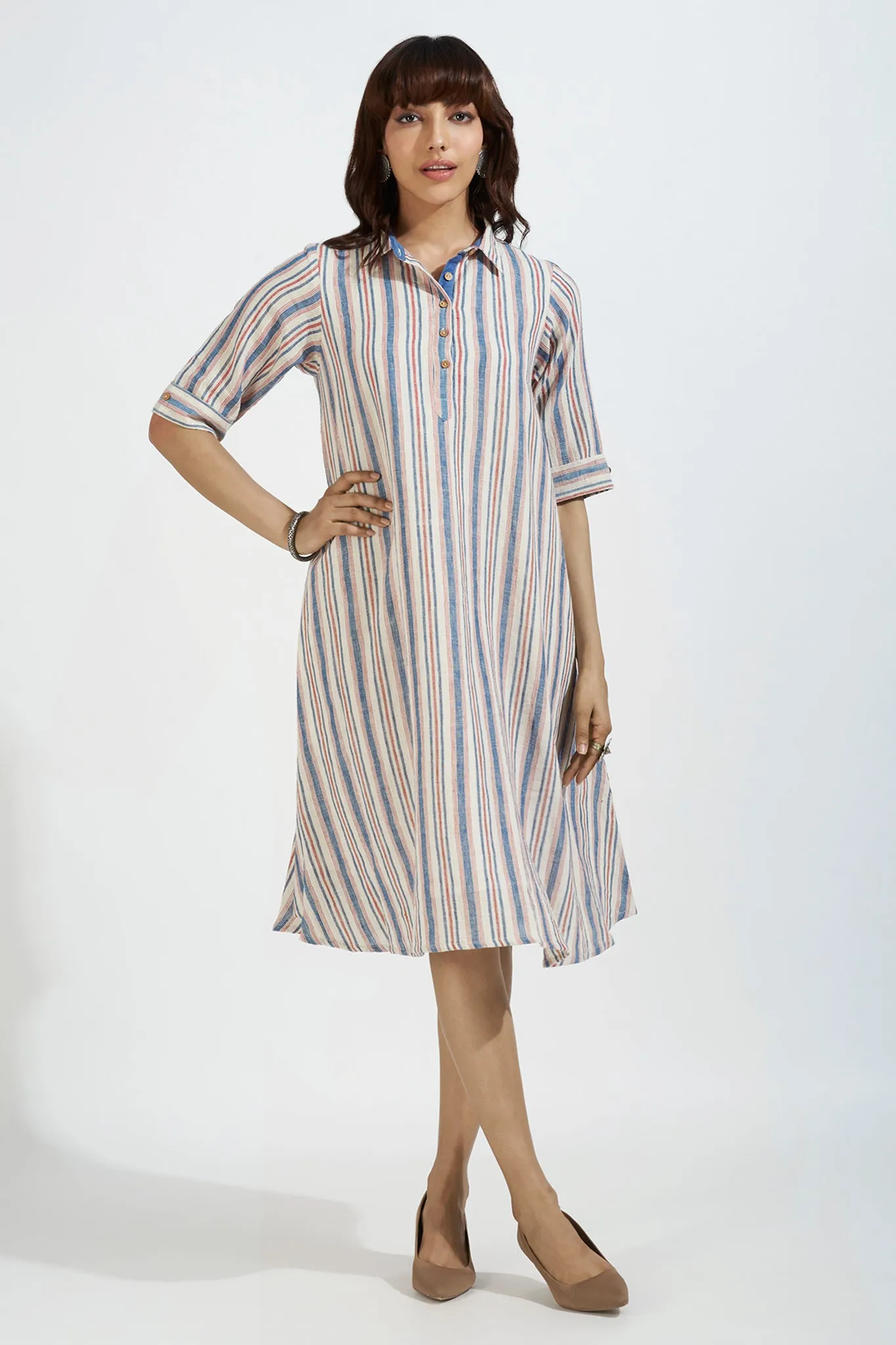 kala cotton contemporary collar swing dress - indigo blaze & striped symphony