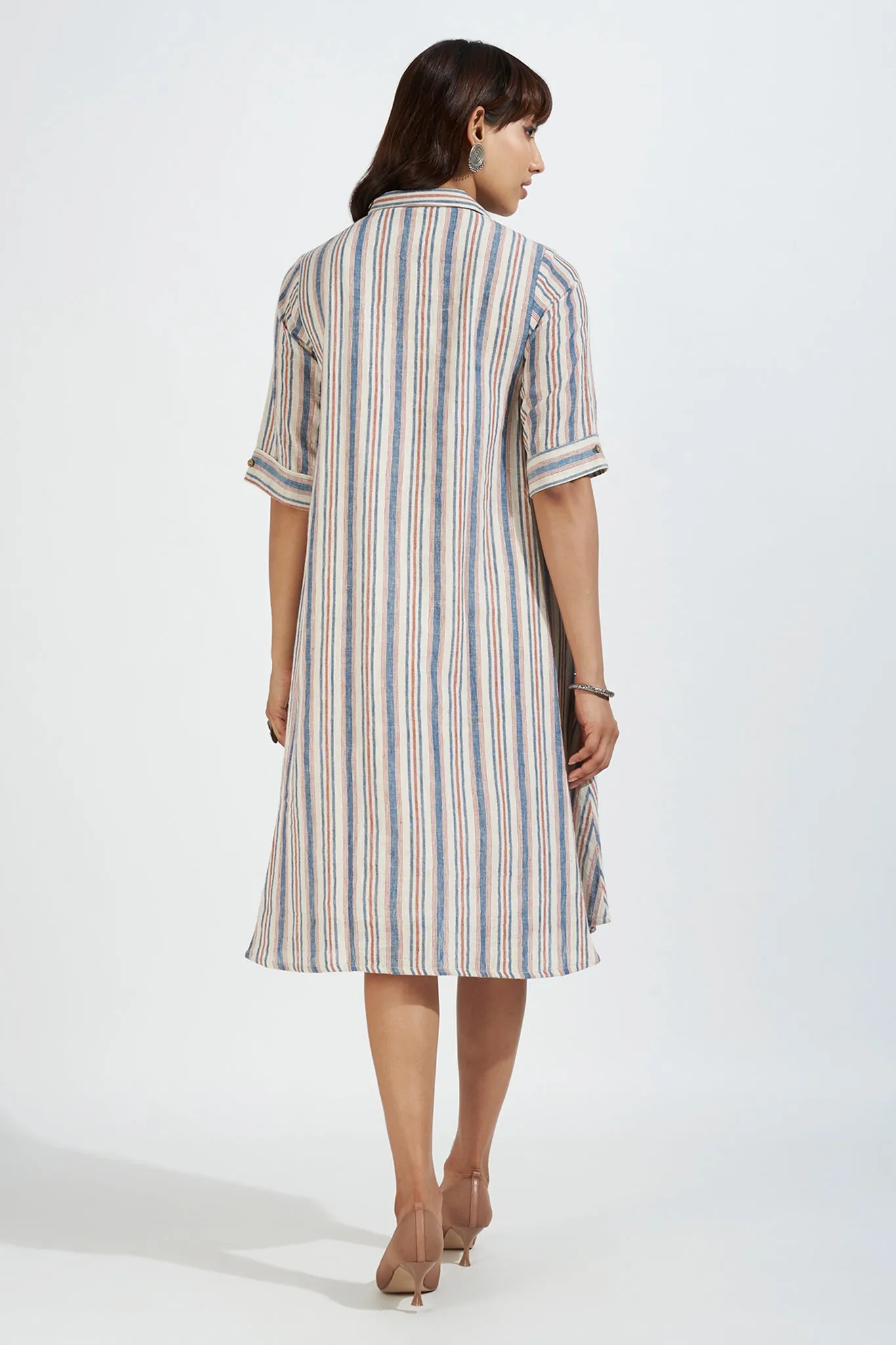 kala cotton contemporary collar swing dress - indigo blaze & striped symphony