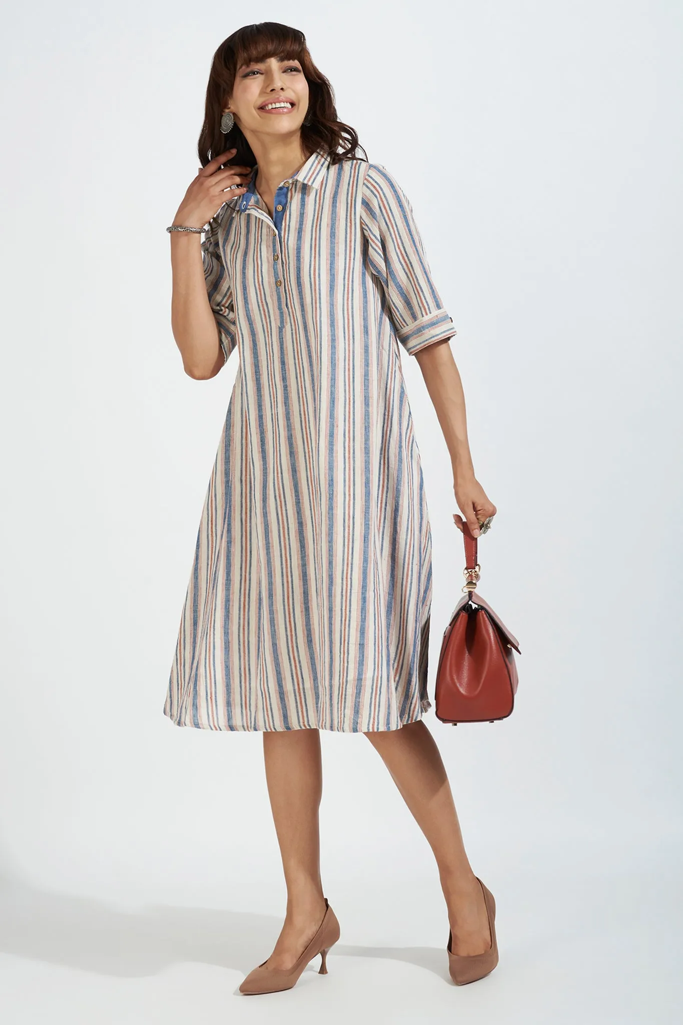 kala cotton contemporary collar swing dress - indigo blaze & striped symphony