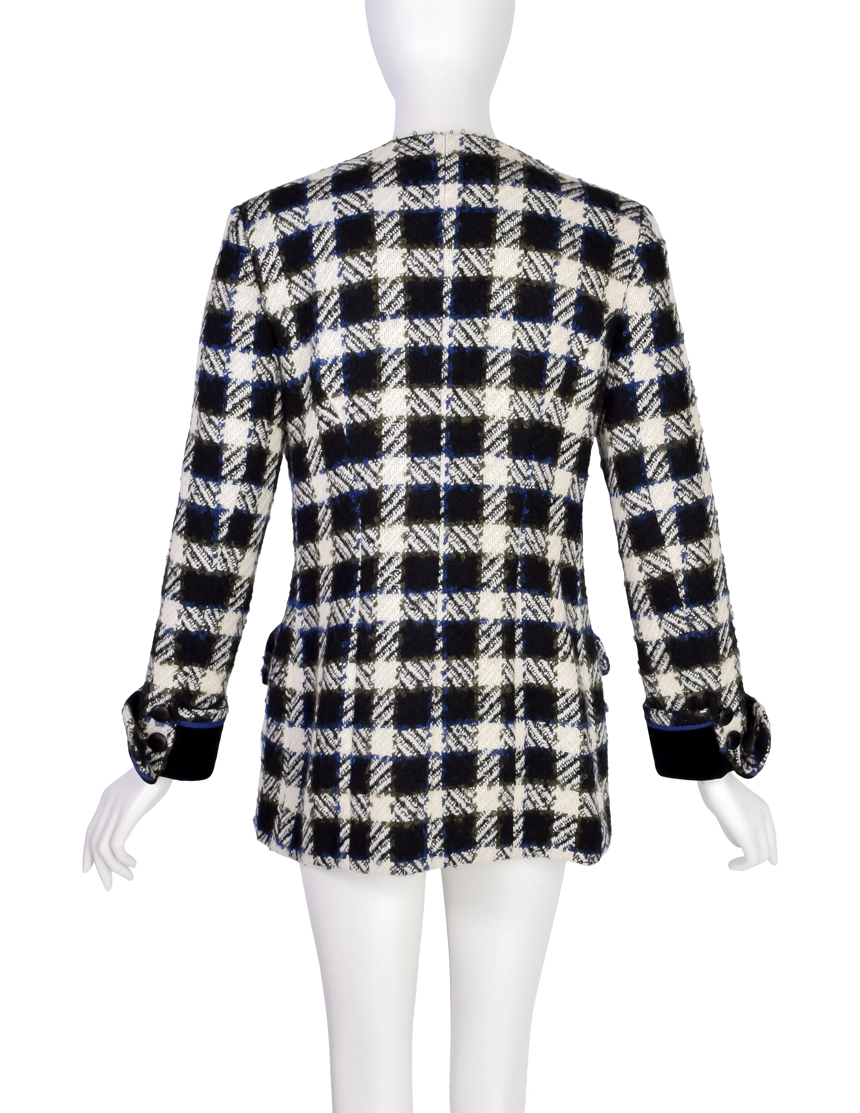 Karl Lagerfeld Vintage AW 1989 Black Cream Blue Green Plaid Boucle Wool Blazer Jacket