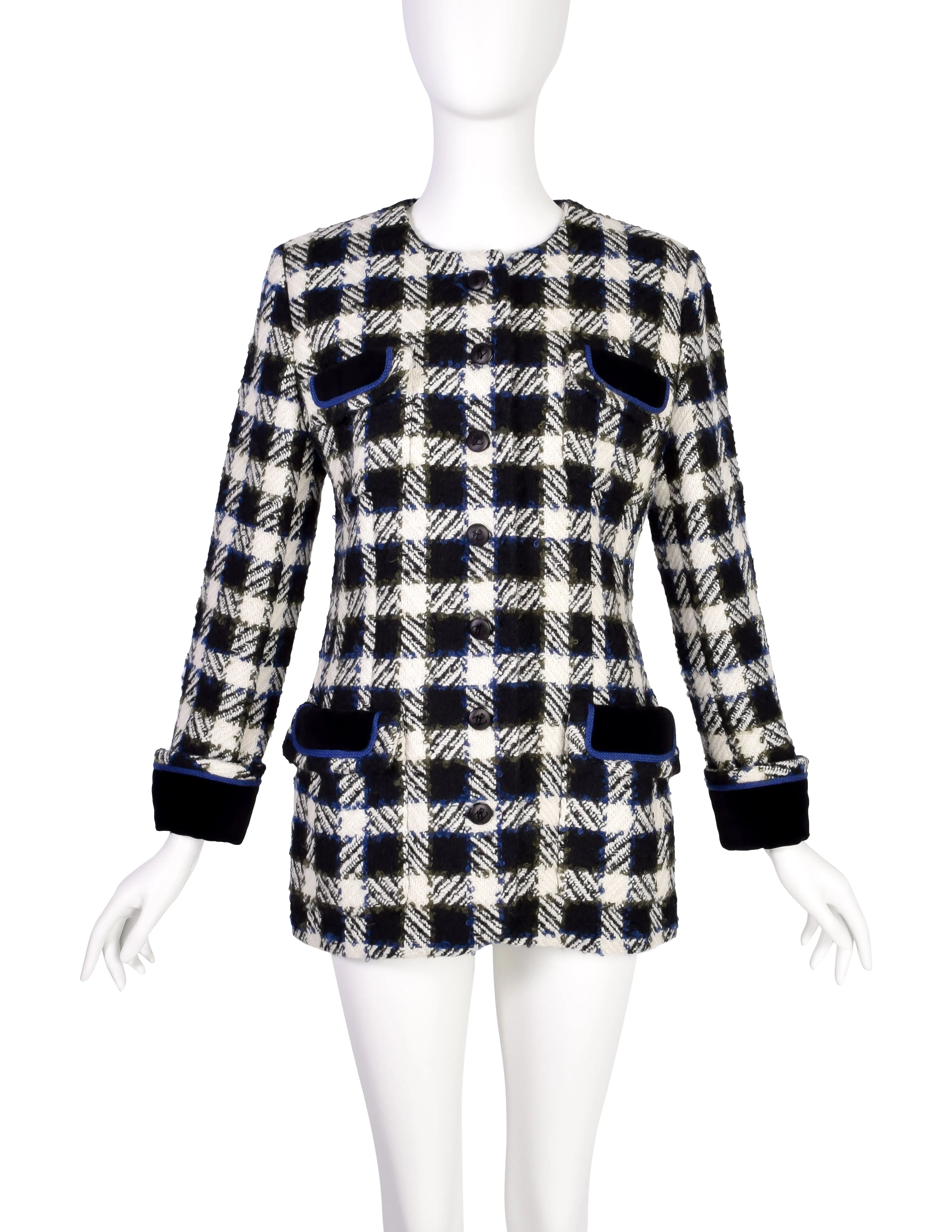 Karl Lagerfeld Vintage AW 1989 Black Cream Blue Green Plaid Boucle Wool Blazer Jacket