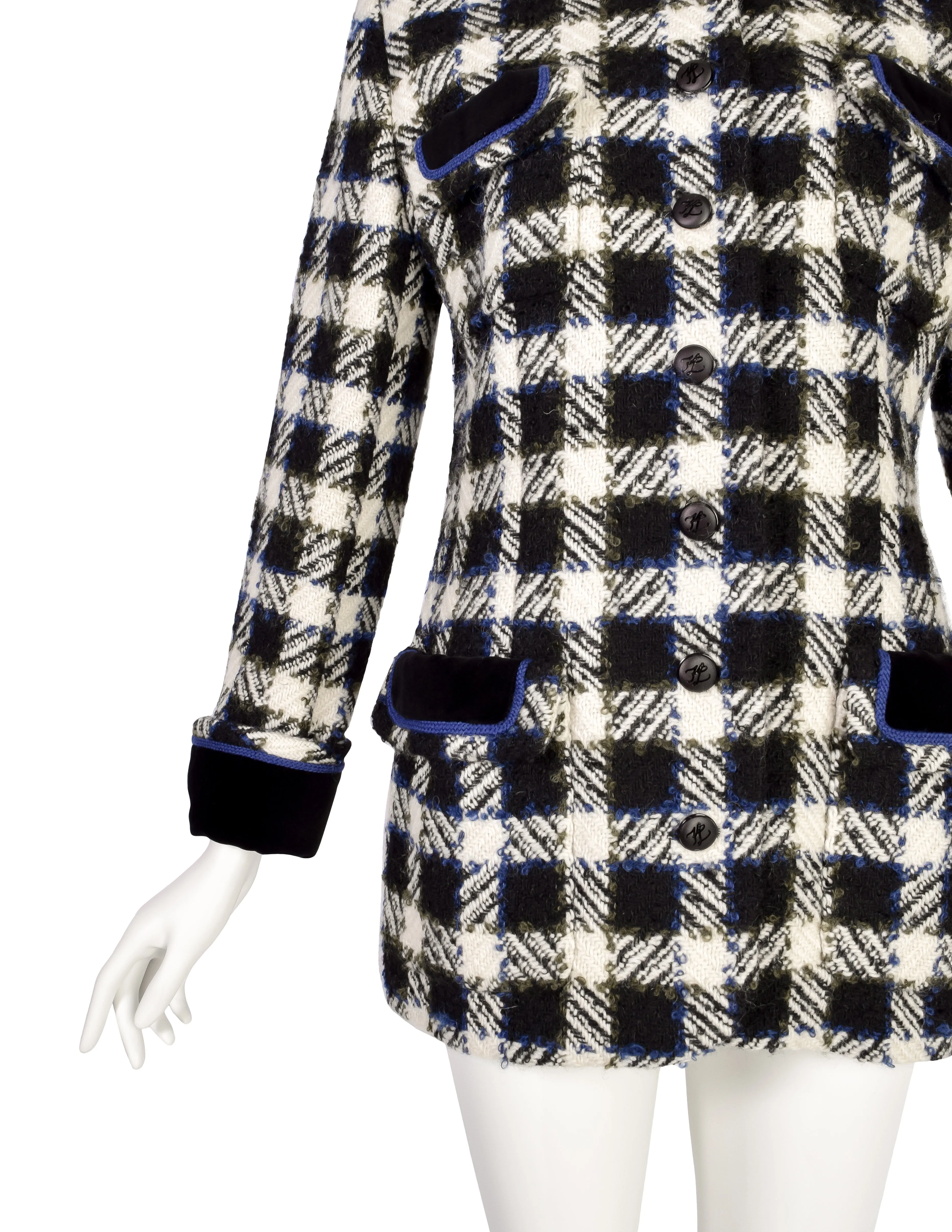 Karl Lagerfeld Vintage AW 1989 Black Cream Blue Green Plaid Boucle Wool Blazer Jacket