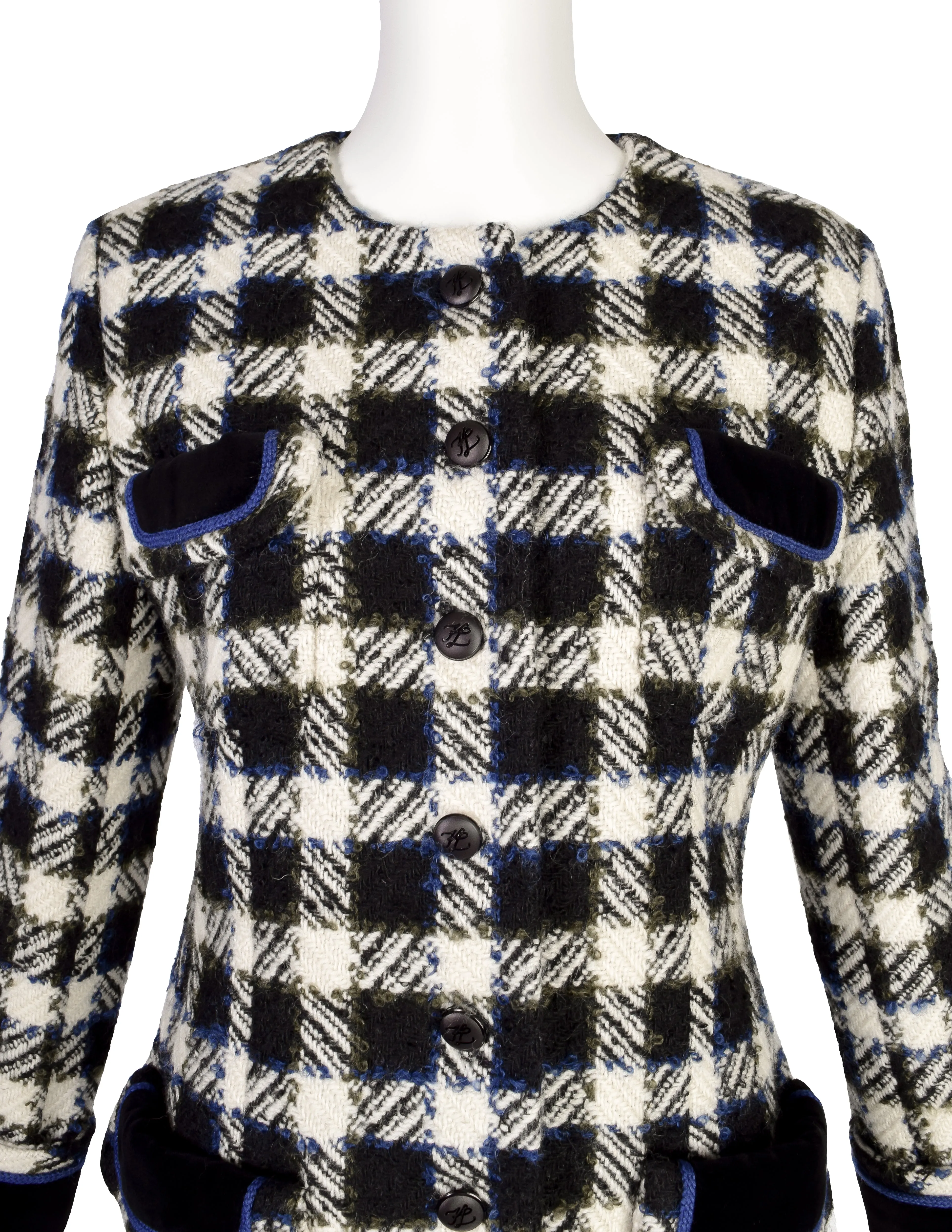 Karl Lagerfeld Vintage AW 1989 Black Cream Blue Green Plaid Boucle Wool Blazer Jacket