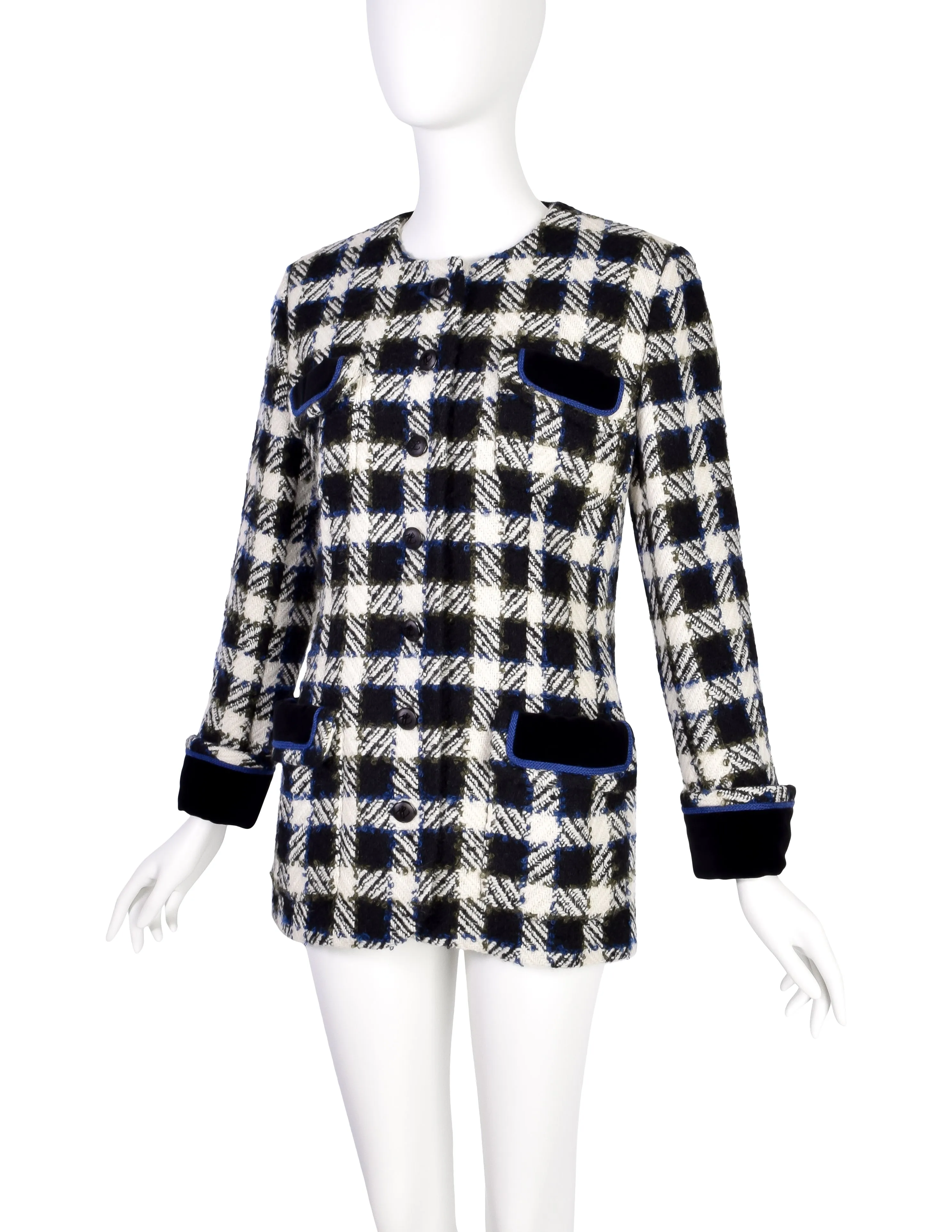 Karl Lagerfeld Vintage AW 1989 Black Cream Blue Green Plaid Boucle Wool Blazer Jacket