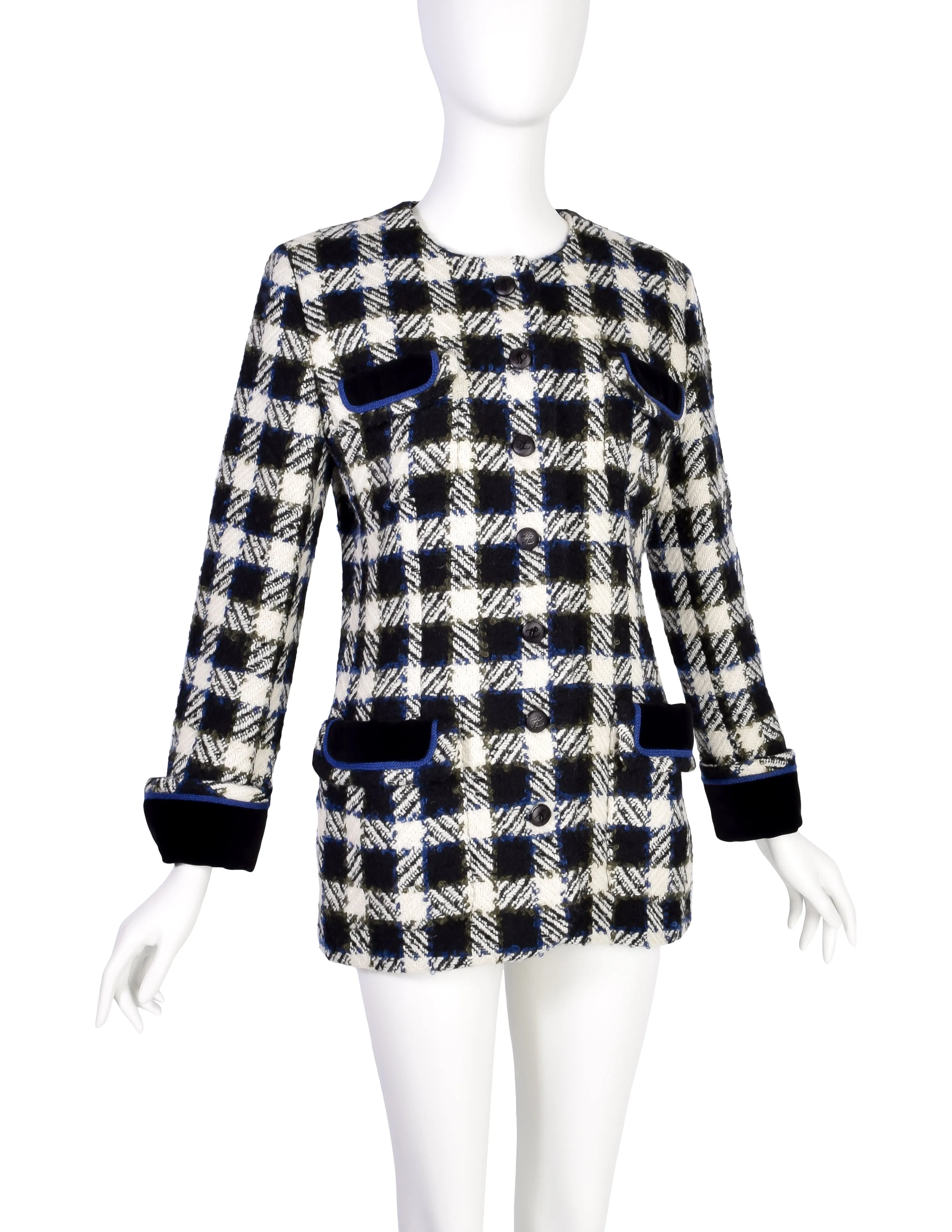 Karl Lagerfeld Vintage AW 1989 Black Cream Blue Green Plaid Boucle Wool Blazer Jacket