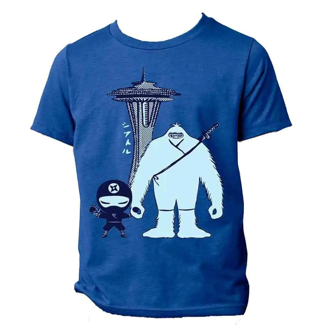 Kids Tee - Ninja Yeti Space Needle Turquoise on Blue Tee by Namu