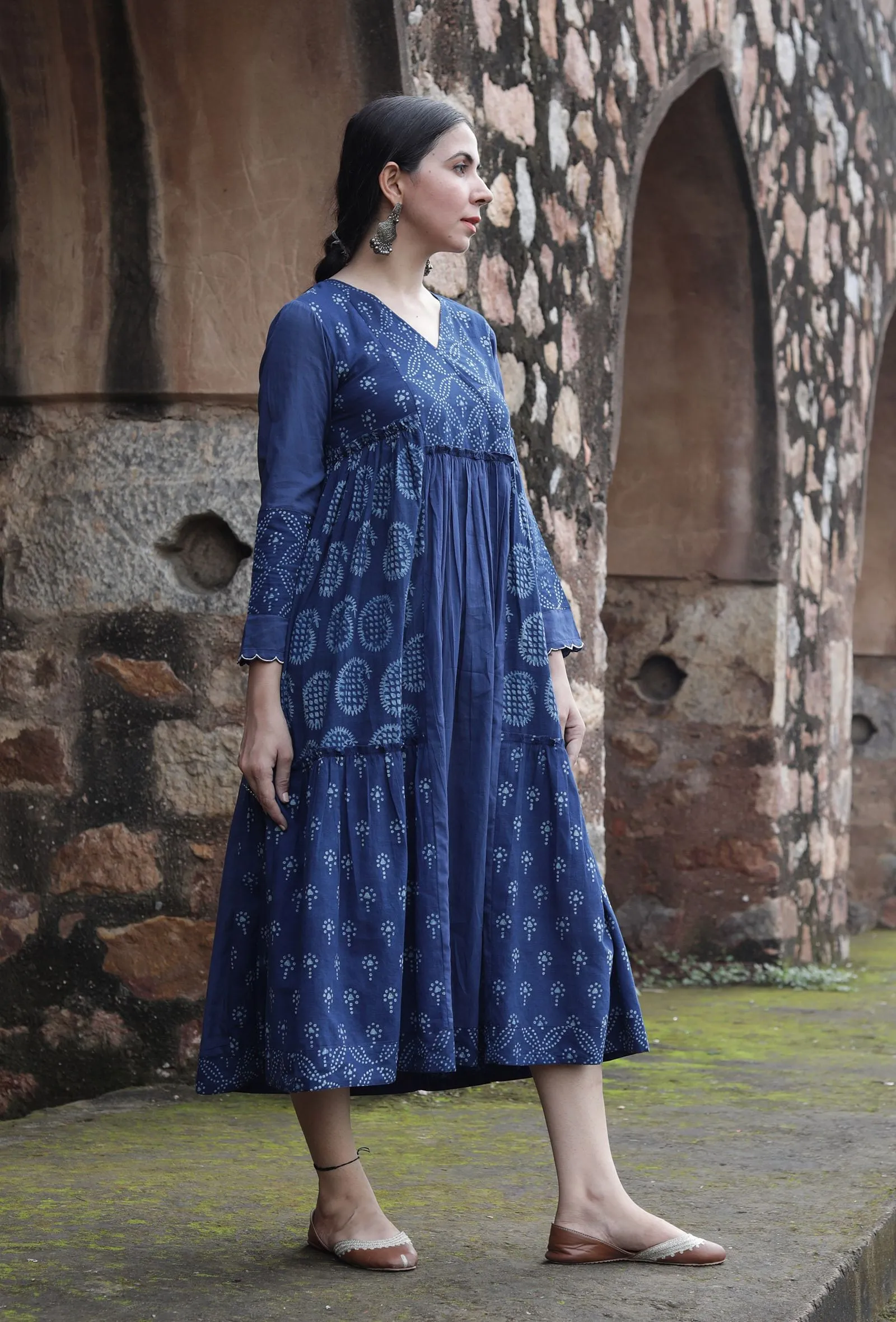 Konalaka Indigo Cotton Hand Block Printed Tiered Kurta Dress