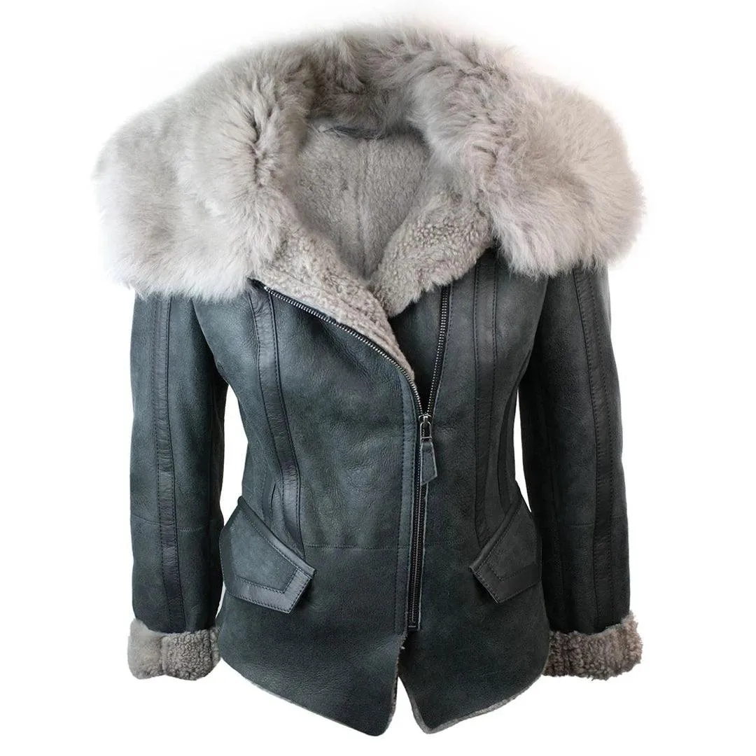 Ladies Women Short Biker Style Real Shearling Sheepskin Aviator Flying Leather Jacket Grey