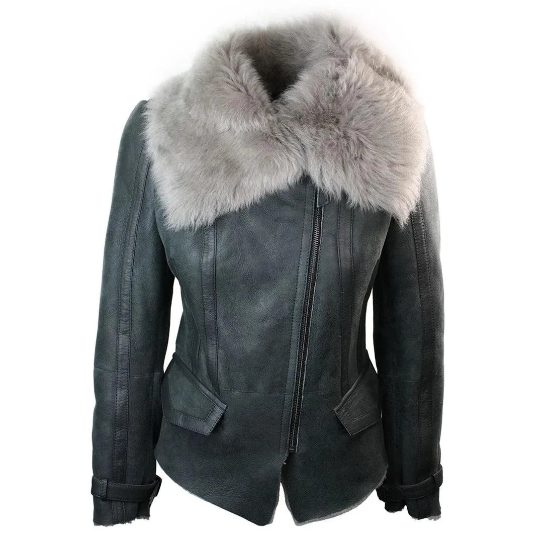 Ladies Women Short Biker Style Real Shearling Sheepskin Aviator Flying Leather Jacket Grey