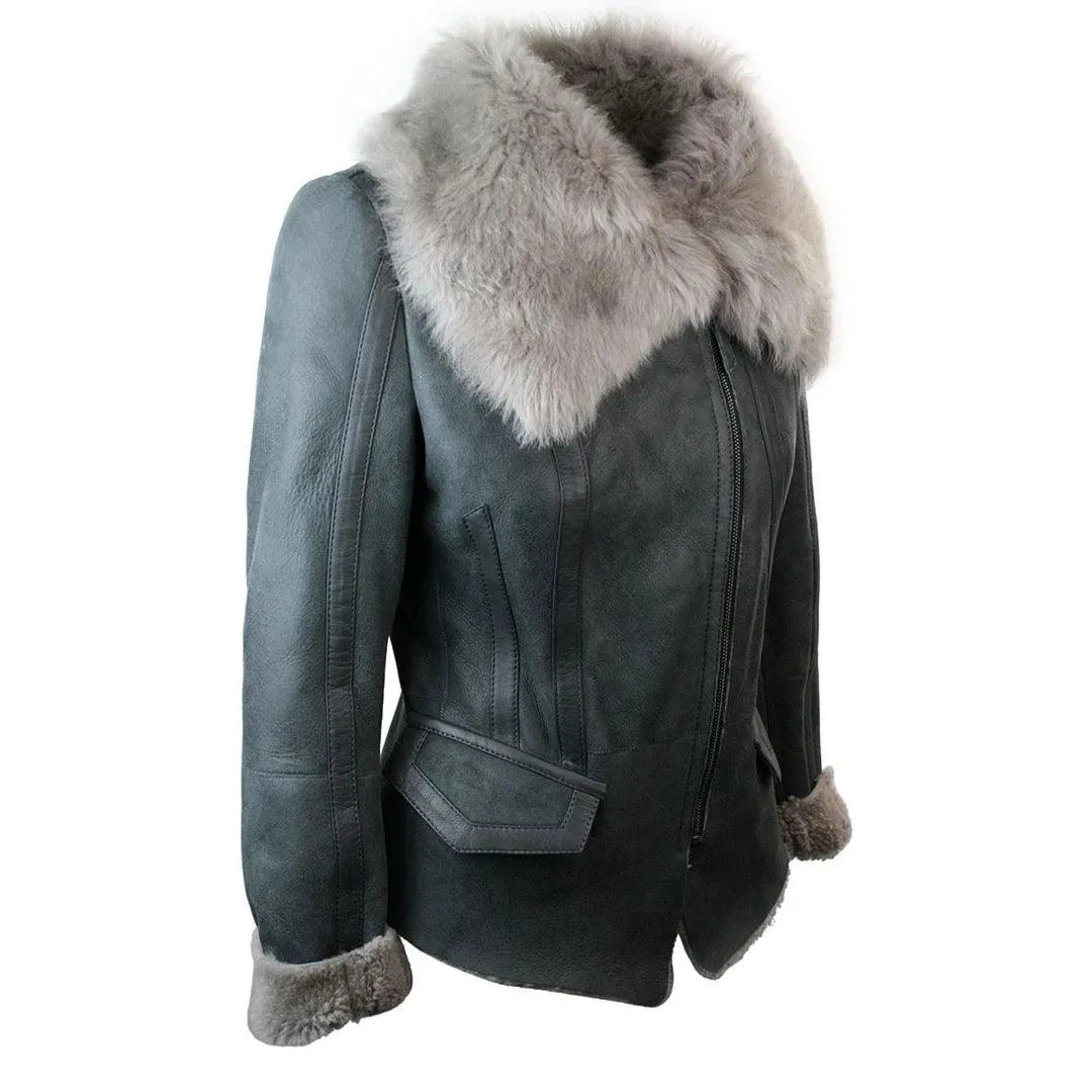 Ladies Women Short Biker Style Real Shearling Sheepskin Aviator Flying Leather Jacket Grey