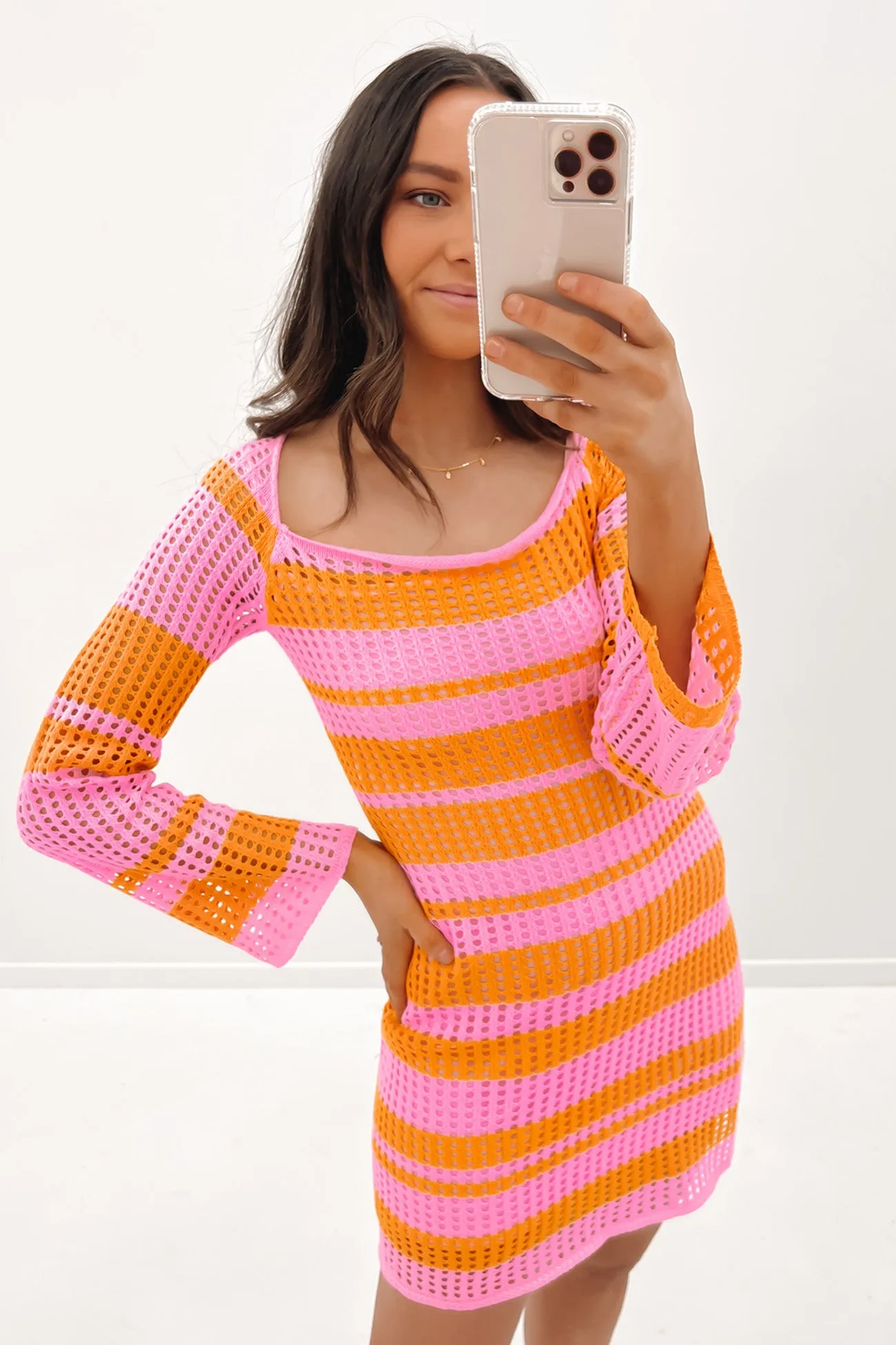 Lily Crochet Mini Dress Pink Orange