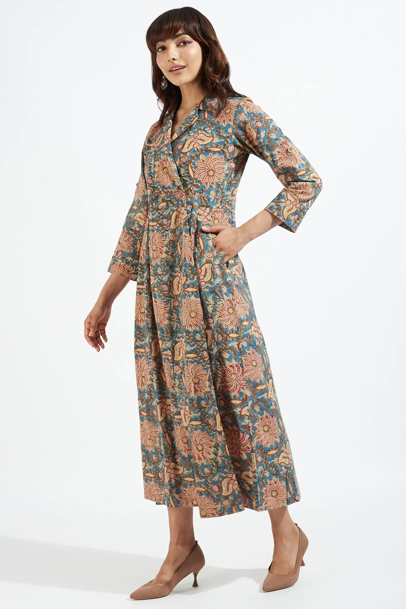 long trench dress - indigo melodies & vintage florals