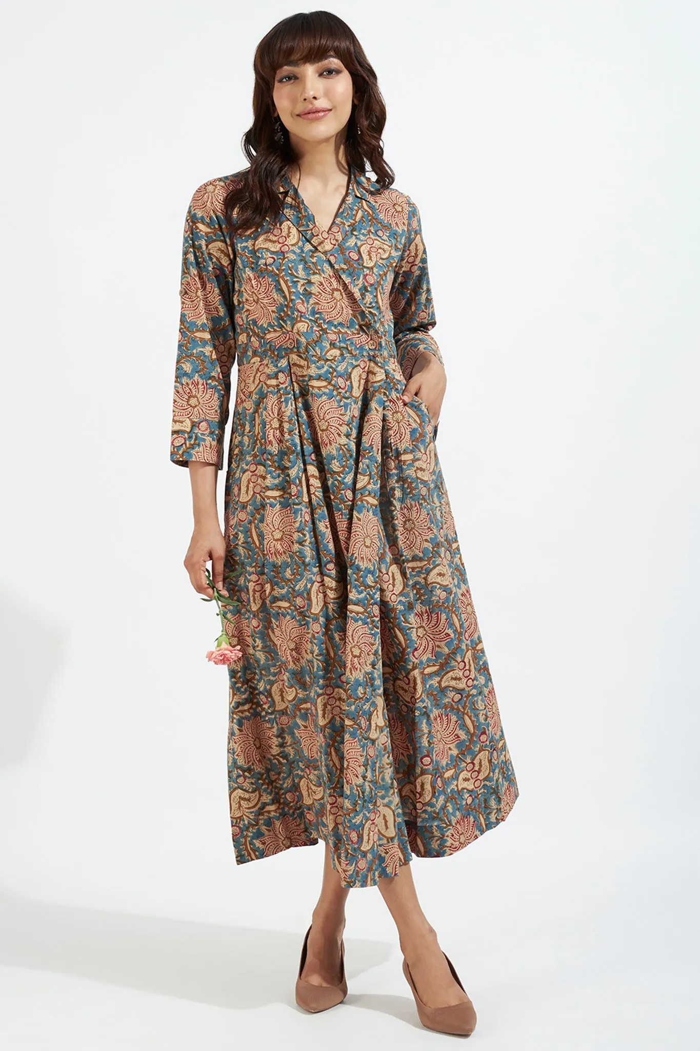 long trench dress - indigo melodies & vintage florals