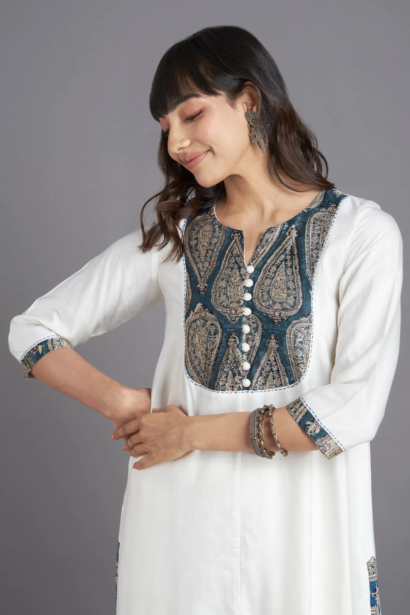 long yoke silk kurta - celestial dance & sparkling sapphire