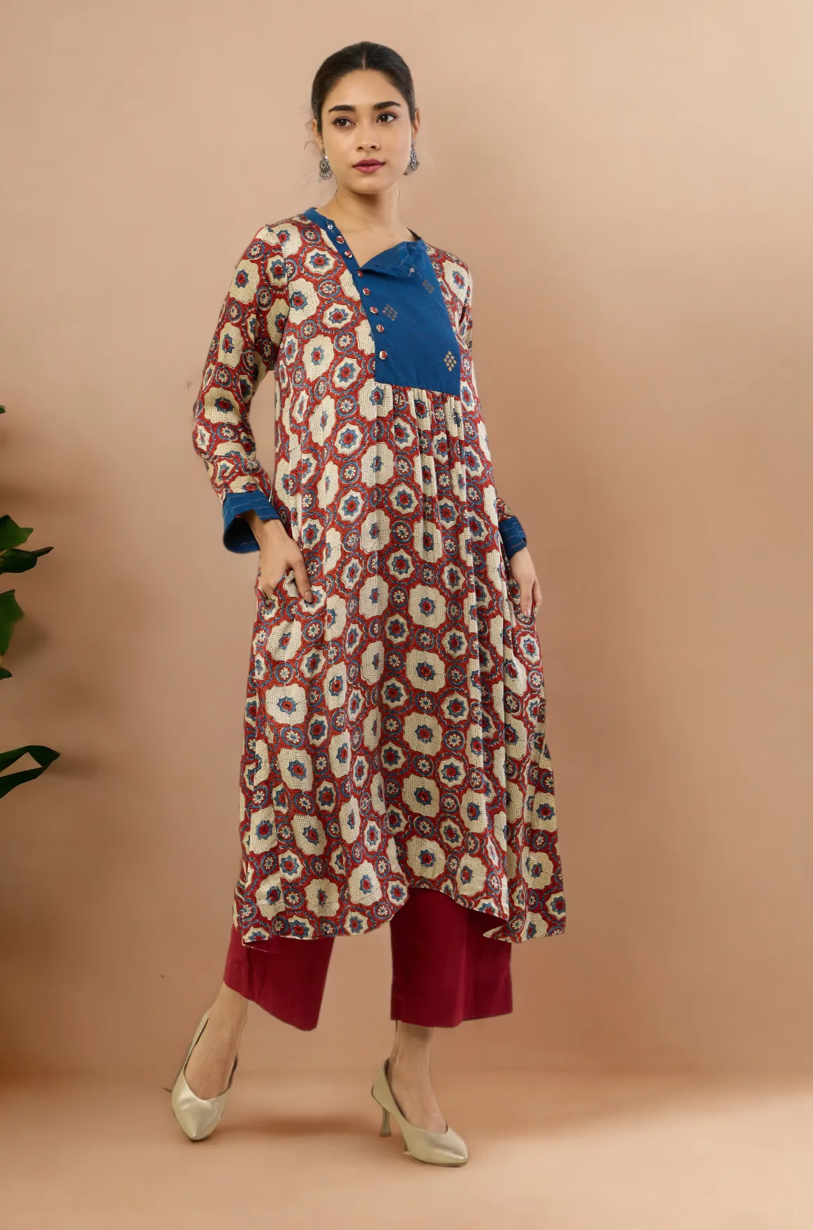 long zen yoke modal silk ajrakh kurta with pockets - madder skies & mughal elegance