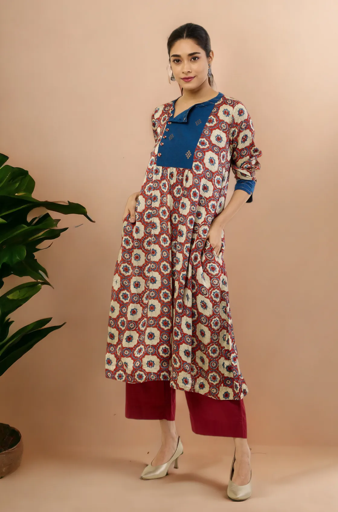 long zen yoke modal silk ajrakh kurta with pockets - madder skies & mughal elegance