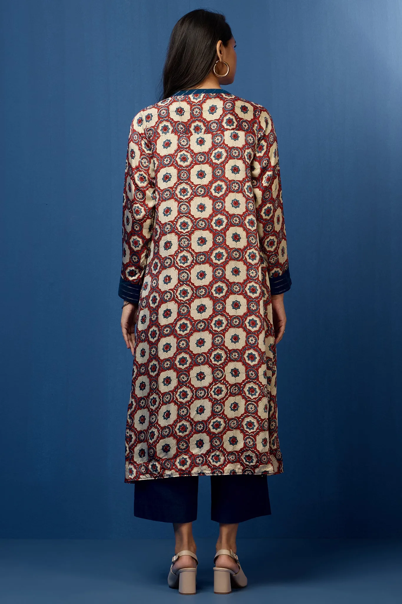 long zen yoke modal silk ajrakh kurta with pockets - madder skies & mughal elegance