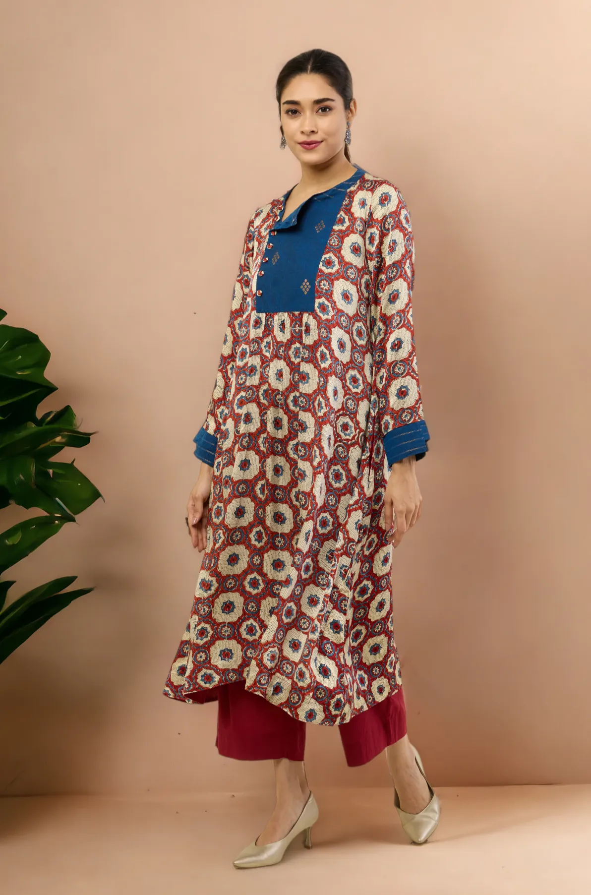 long zen yoke modal silk ajrakh kurta with pockets - madder skies & mughal elegance