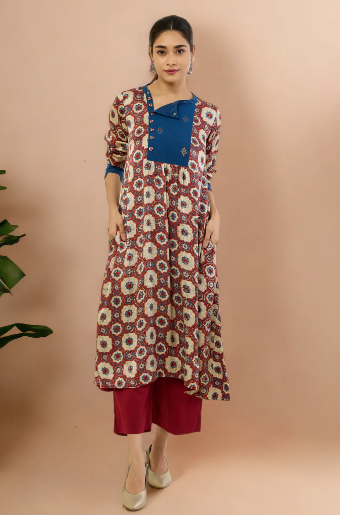 long zen yoke modal silk ajrakh kurta with pockets - madder skies & mughal elegance