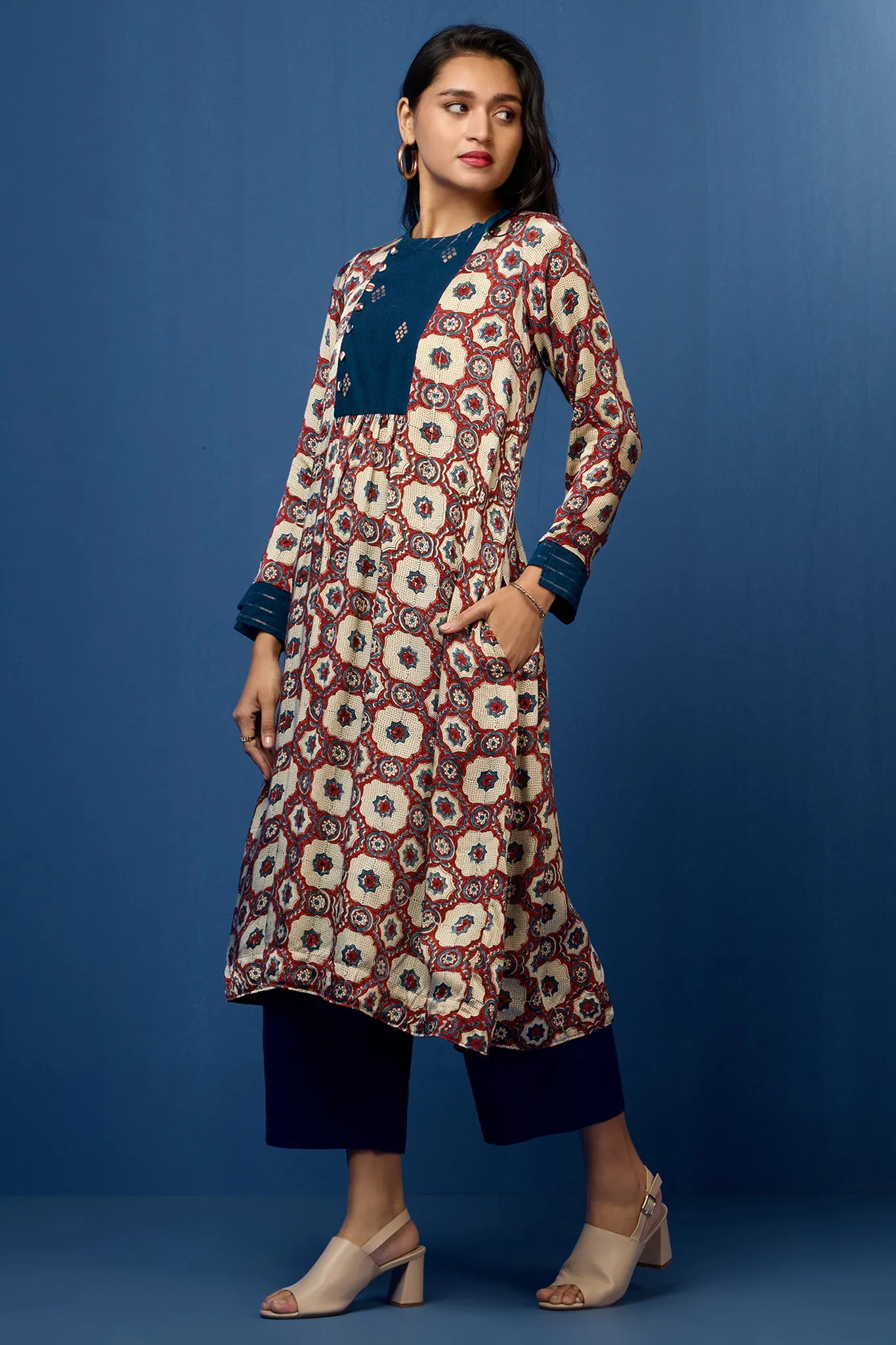 long zen yoke modal silk ajrakh kurta with pockets - madder skies & mughal elegance