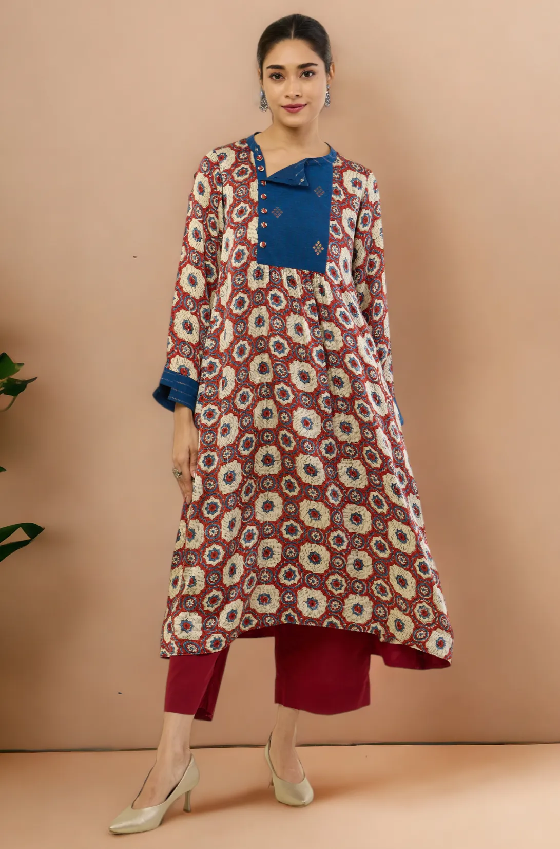 long zen yoke modal silk ajrakh kurta with pockets - madder skies & mughal elegance