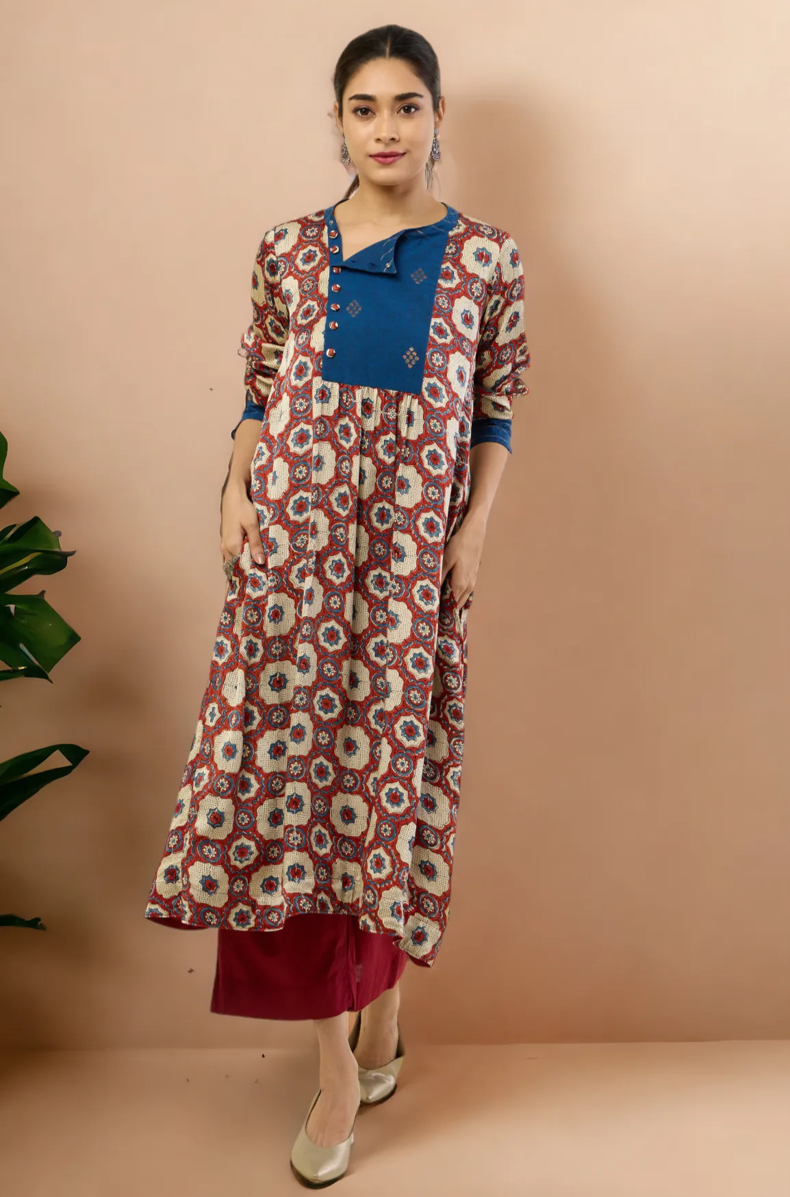 long zen yoke modal silk ajrakh kurta with pockets - madder skies & mughal elegance