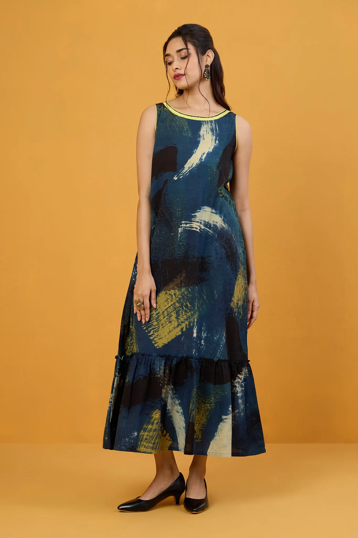 Luminous Indigo  Sleeveless Long Ruffle Dress