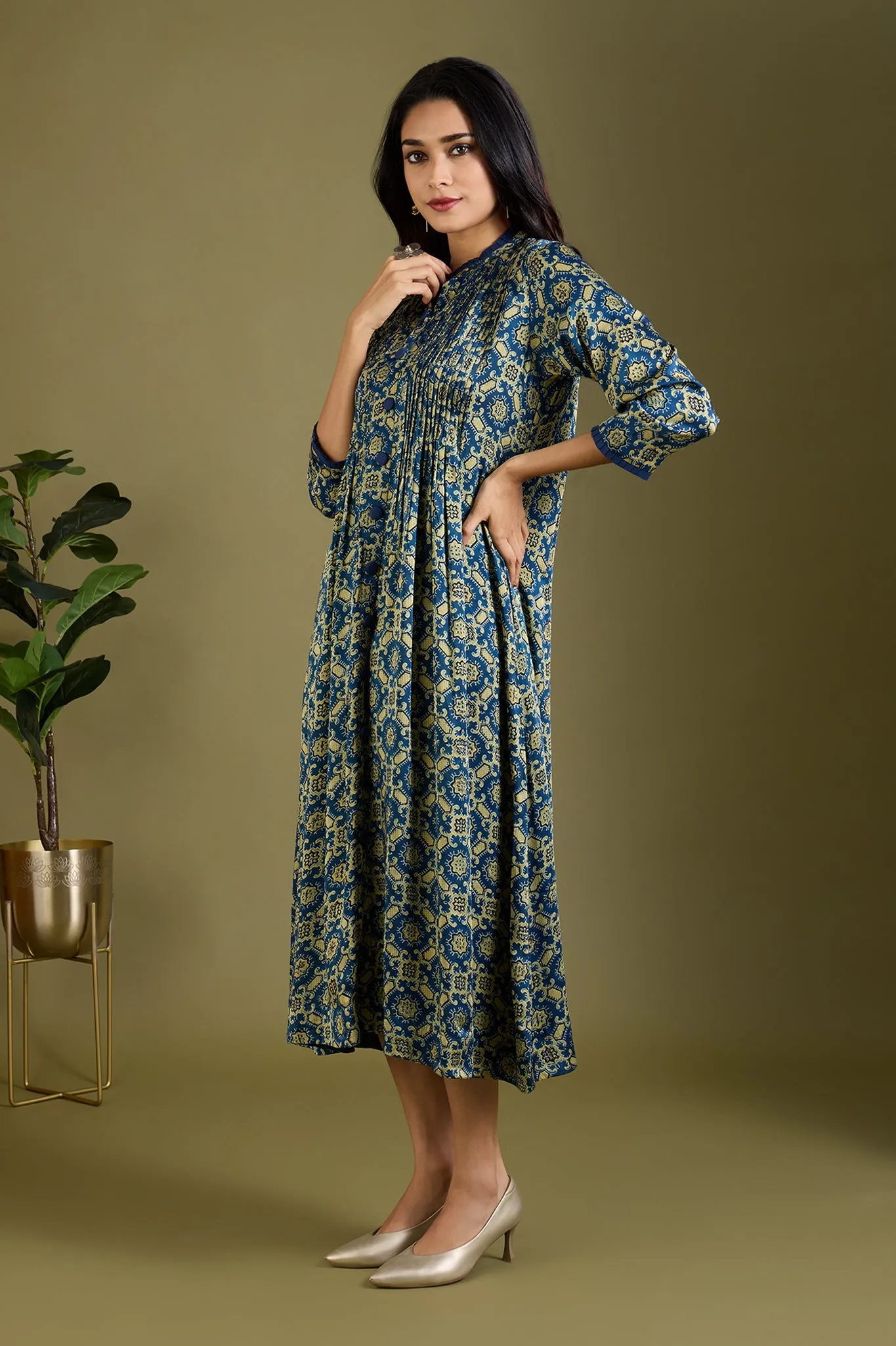 Luxe Indigo Twilight & Golden Aura Pleated Neck Modal Silk Pintuck Dress