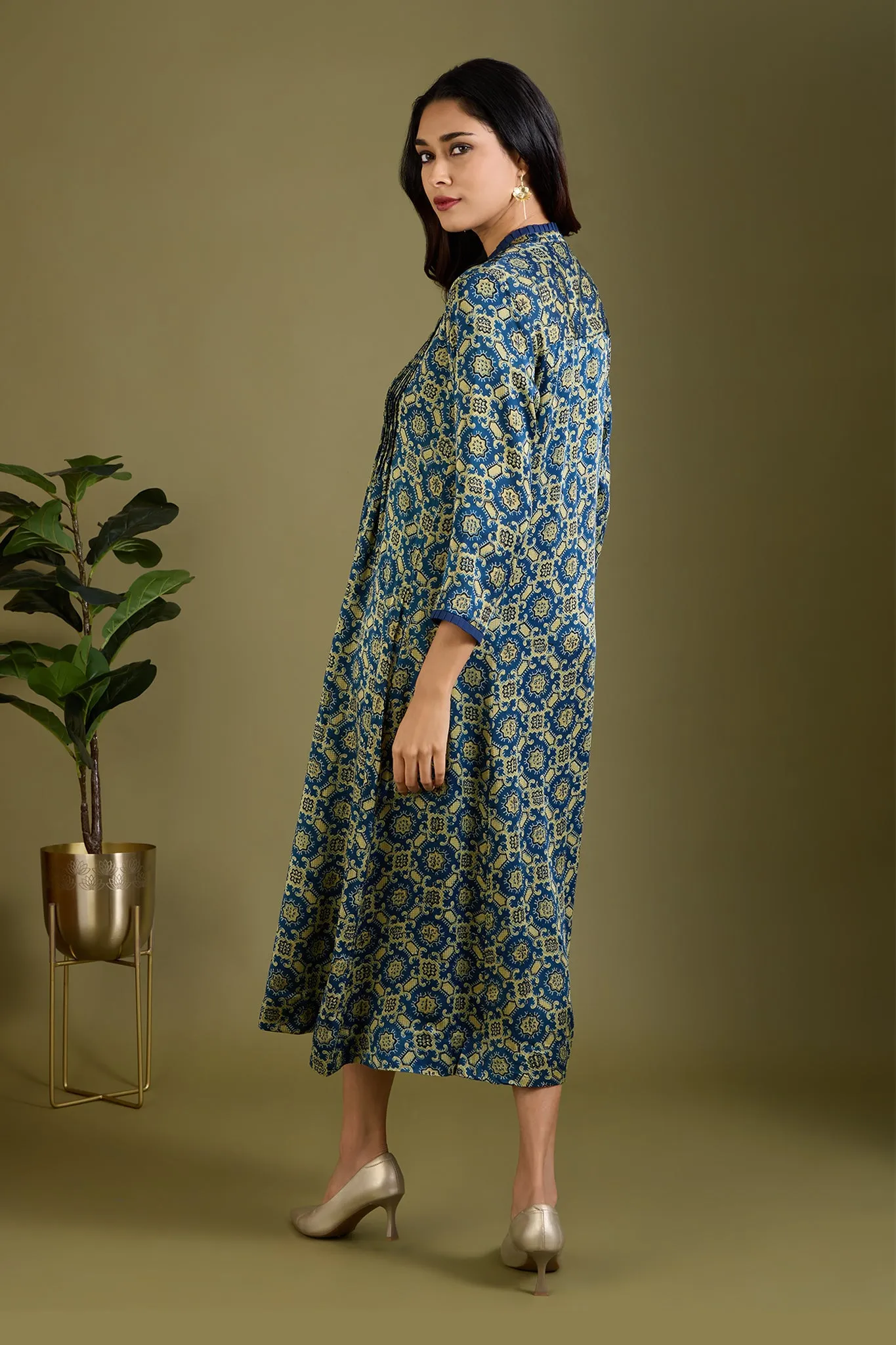 Luxe Indigo Twilight & Golden Aura Pleated Neck Modal Silk Pintuck Dress