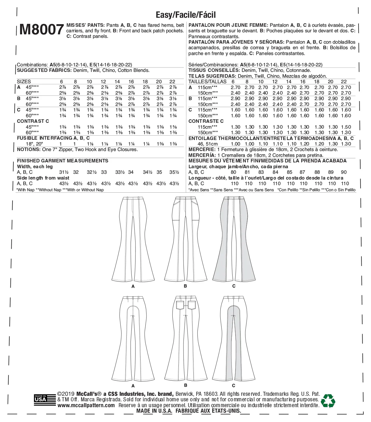 McCall's Pattern M8007 Misses' Pants