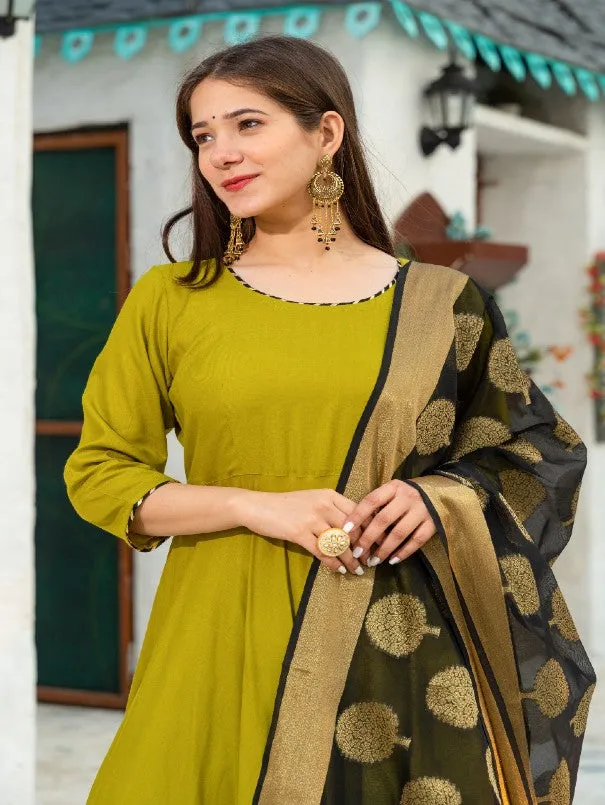 Mehendi Green Solid Flared Rayon Anarklai Set (Set of 3)