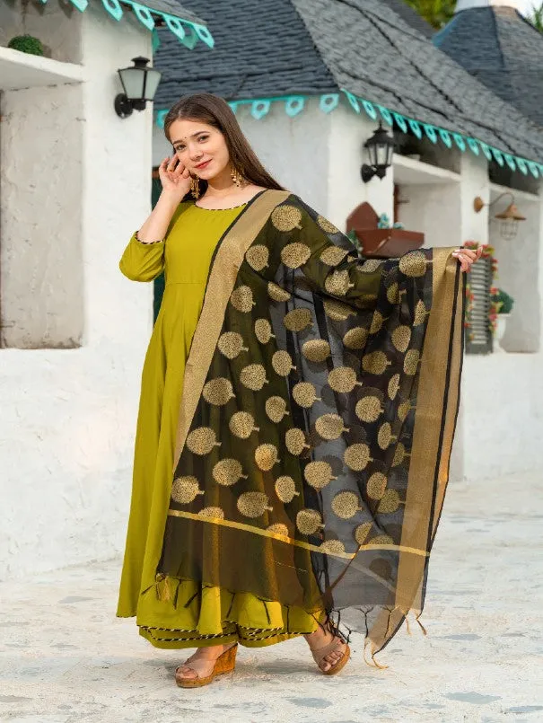 Mehendi Green Solid Flared Rayon Anarklai Set (Set of 3)