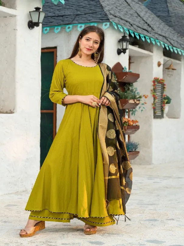 Mehendi Green Solid Flared Rayon Anarklai Set (Set of 3)