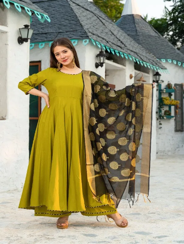 Mehendi Green Solid Flared Rayon Anarklai Set (Set of 3)