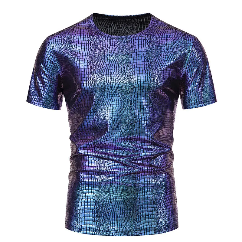 Men Crewneck Snakes Patterns Glossy Short Sleeves T-Shirt