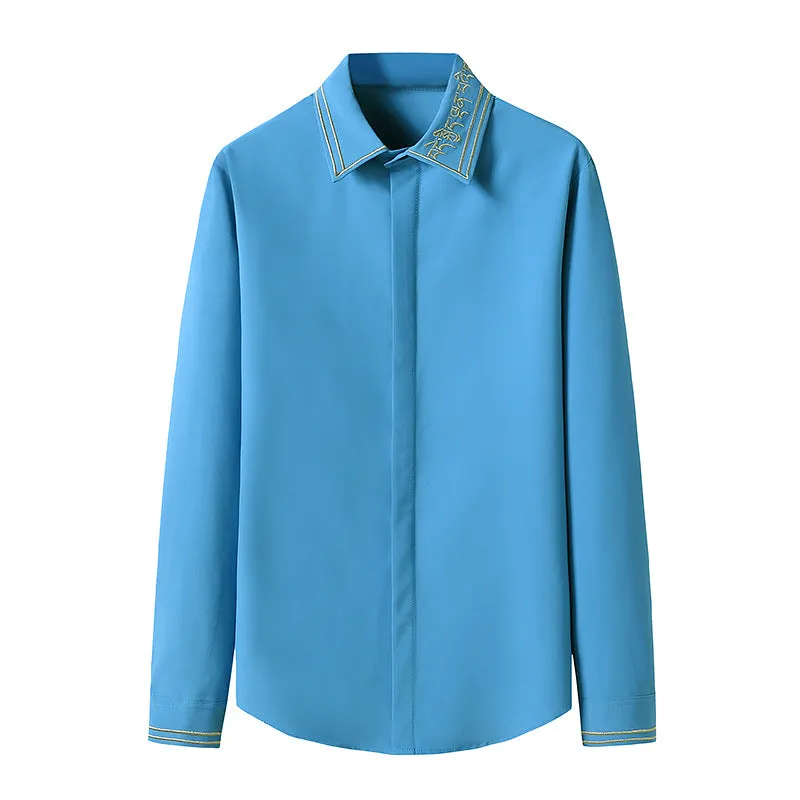 Men Embroidery Turnover Collar Long Sleeves Shirt