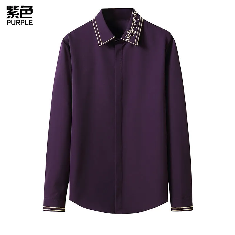 Men Embroidery Turnover Collar Long Sleeves Shirt