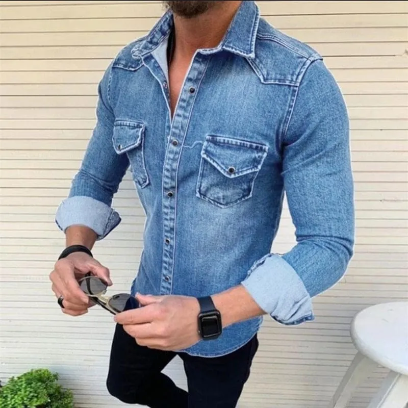 Men Flap Pocket Button Up Shoulder Pattern Denim Shirt