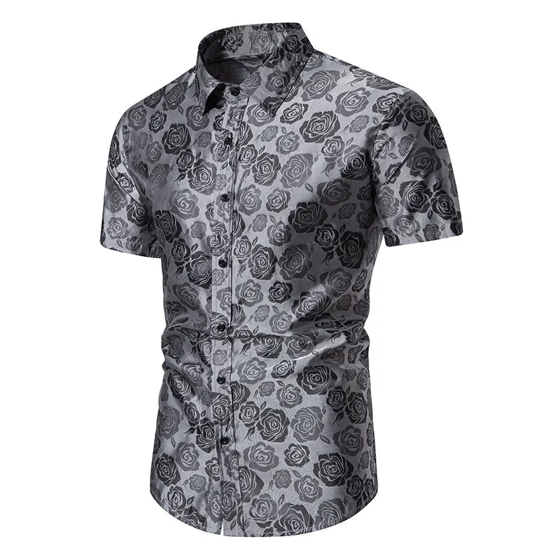 Men Floral Fabric Glossy Turnover Collar Short Sleeves Shirt