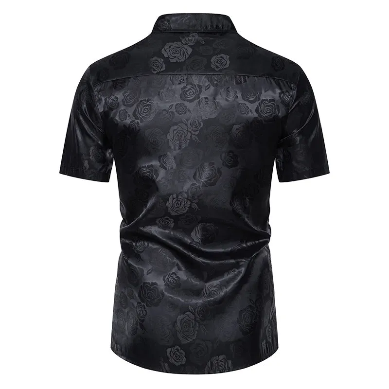 Men Floral Fabric Glossy Turnover Collar Short Sleeves Shirt