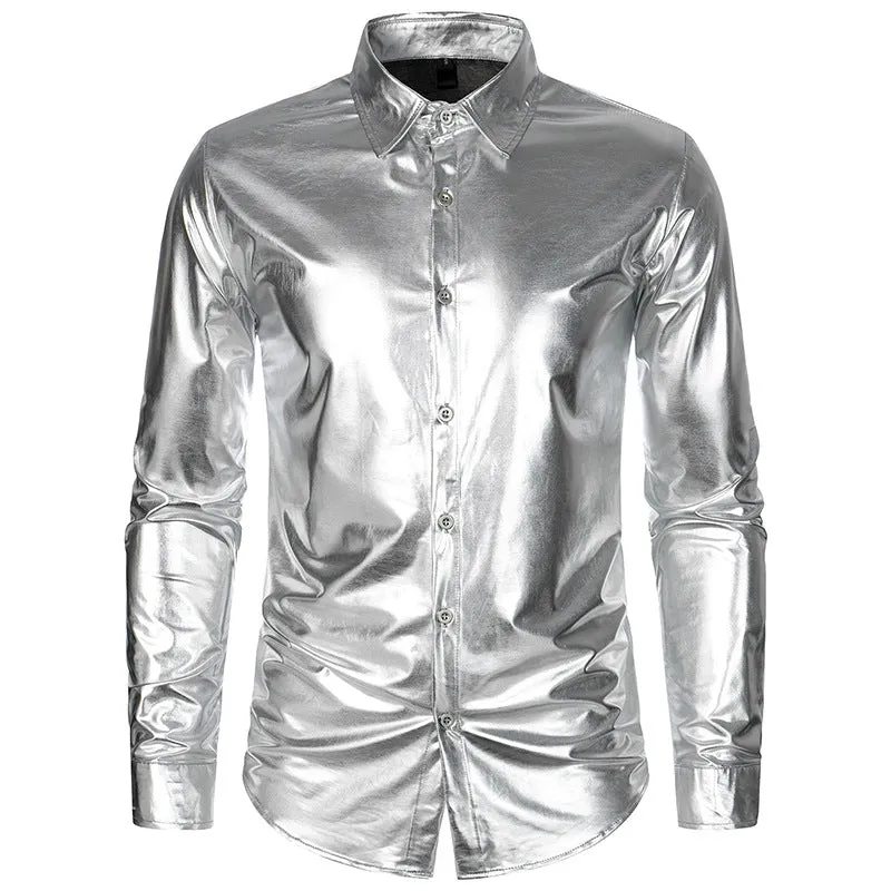 Men Glossy Turnover Collar Long Sleeves Shirt